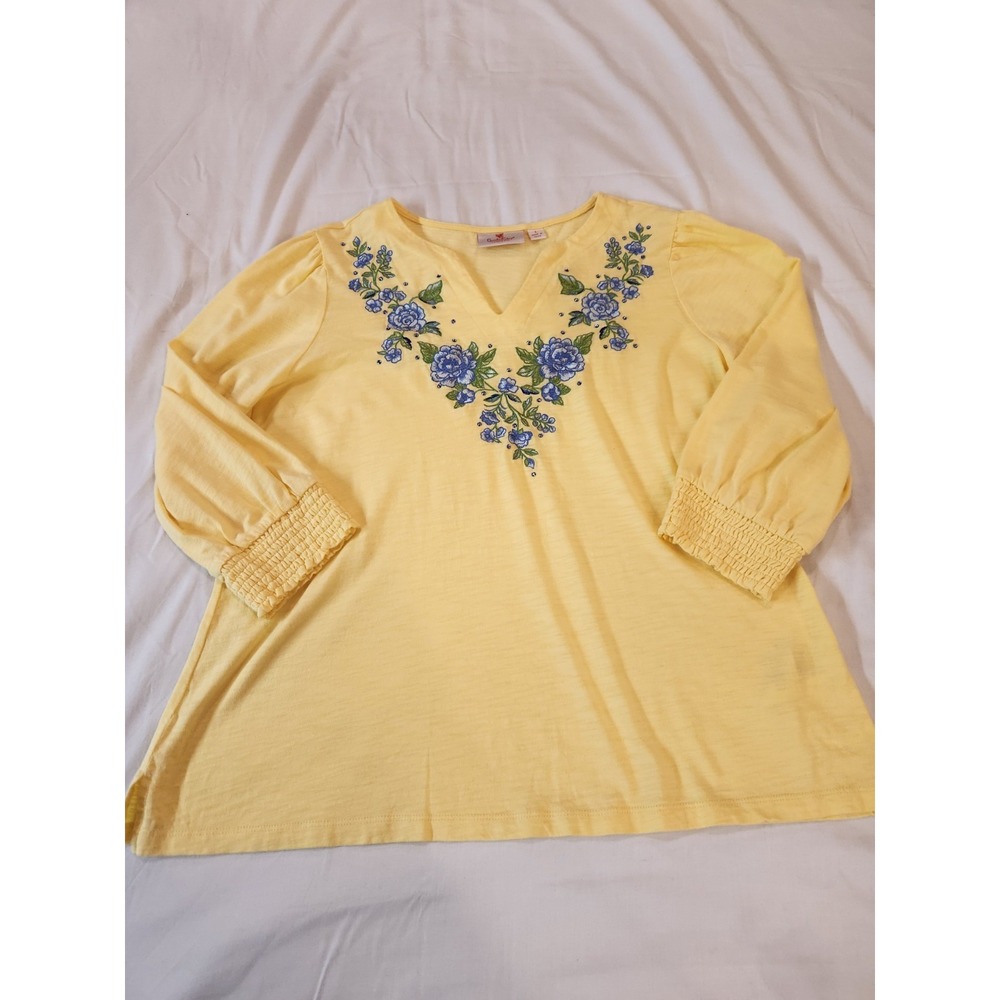 Quacker Factory Women's Yellow Blue Floral Embroidered Rhinestones Top Size L - Picture 7 of 13